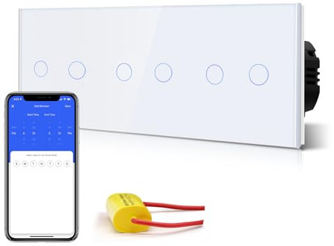 BSEED Interruptor de Luz Táctil WiFi Inteligente,Panel de Cristal,Compatible con Alexa, Smart Life y Tuya (No Necesita Cable Neutro),2 Gang 1 Vía,228mm Blanco