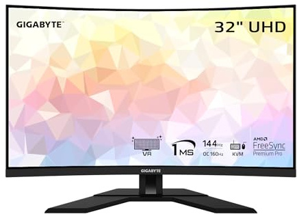 Gigabyte M32UC 32 Pulgadas 144Hz (160Hz OC) 4K UHD Monitor Curvado para Juegos, SS VA, Pantalla de 3840 x 2160, Tiempo de Respuesta de 1 ms (MPRT), 1 DisplayPort 1.4, 2 HDMI 2.1, 1 USB Tipo C, 4 USB