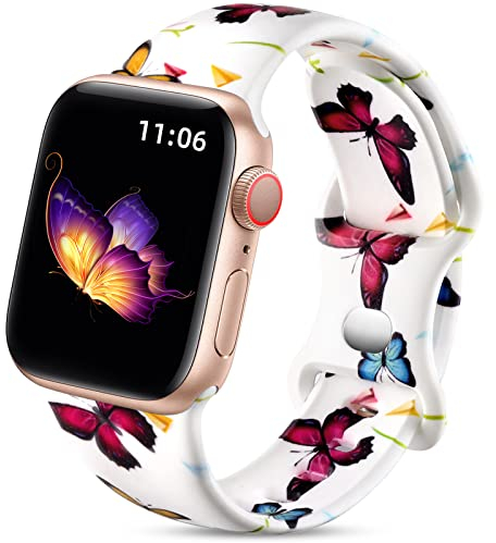 Upeak Double Sided Floral Strap Compatible With Apple Watch Strap 38mm 40mm 41mm 42mm(series 10) for Women, Silicone Band for iWatch Series 10/9/8/7/6/5/4/3/2/1/SE, 38/40/41/42mm-S/M, Butterfly