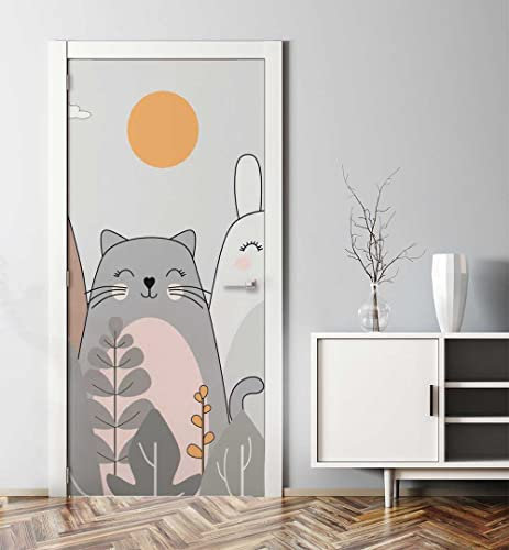 MyMaxxi - Tür bekleben mit Türtapete Türposter Türfolie Selbstklebend 90x200 süße Tiere im Wald - Tür verschönern Türaufkleber Türklebefolie Zeichentrick Bäume grau