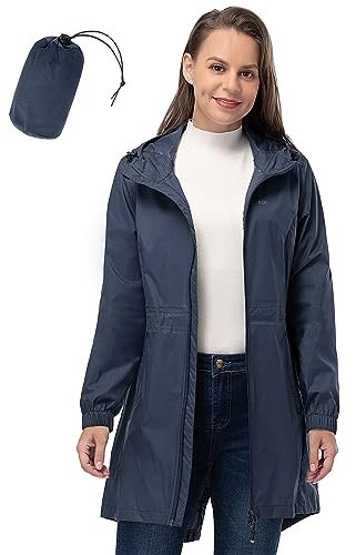33,000ft Damen Regenjacke Leichte Kapuze Lange Regenmantel Wasserdichte Jacke Damen Packbare Funktionsjacke Windbreaker Atmungsaktiv Active Outdoor Mäntel, Dunkelgraublau, 42