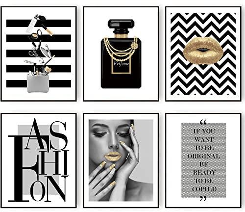 Schwarz und Gold Mode Wandkunst Set Leinwand Wanddekoration Bilder Kunst Parfüm Lady Make-up Werkzeug Stilvolle Foto und Zitat Poster Drucke für Schlafzimmer 8x10 Zoll (20.3x25.4cm) Ungerahmt