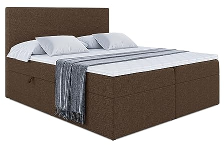 ALTDECOR Boxspringbett mit H3-Matratze (20 cm hoch) mit Bonellfederung + PUR, Topper (4 cm hoch), Polsterbett mit Kopfteil und Bettkasten - LUKI - 160x200 - Braun Inari 24