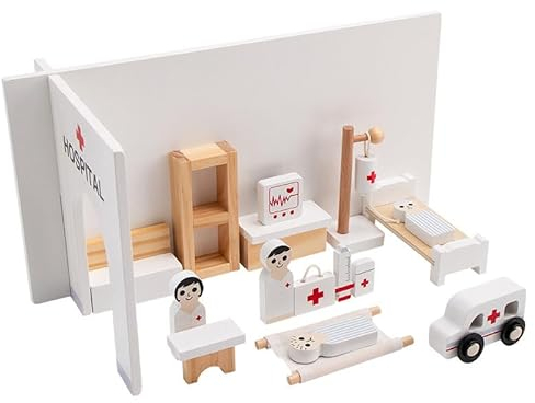 Surakey Krankenhaus-Spielset für Kinder aus Holz Miniatur Puppenhaus Holzmöbel Zubehör, Puppen Möbel, einschließlich Küche, Esszimmer, Wohnzimmer, Kinderzimmer,Schlafzimmer, Badezimmer für Spielhaus