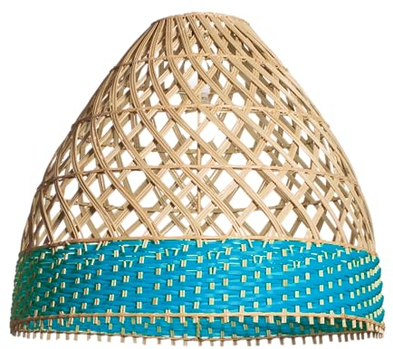 Bali Möbel Lampenschirm aus Rattan – Lampenhalter im Boho-Stil für Deckenlampen und Pendelleuchten, große Ausführung, Vintage Hängelampe für Esszimmer und Wohnzimmer, Maße 58x50 cm (Blau)