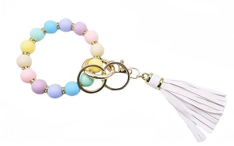 jtkdxqs Armband Wristlet Keychain Perlen Armreif Ketten Silikon mit Leder Quaste Schlüsselanhänger für Frauen Auto Schlüsselanhänger, Stil 2, 1.3in