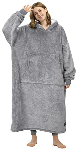 Long Hoodie Blanket, Warm Gifts for Women, Oversized Thick Sherpa Sweatshirt, Soft Cozy Wearable Blanket, Giant Hoody Sweater Adults Men Women, Ash Grey