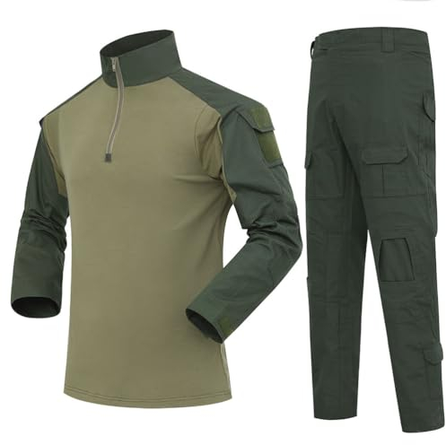 Oanviso Herren Tarnanzug Airsoft Paintball Tactical Militär Kleidung Kriegsspiel Kampf Taktisch Uniform und Kniepolster Jagdbekleidung Herren Schießen Softair Set A2 Armeegrün L