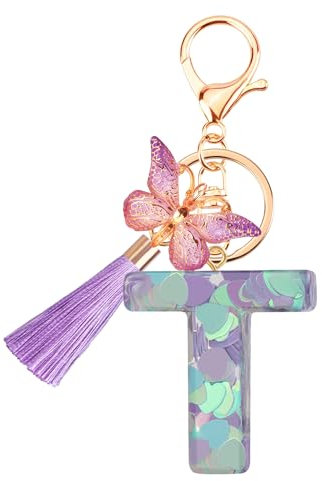 Suweibuke Portachiavi colorato con iniziale per donne e ragazze con nappa farfalla, ciondolo per borse, zaini, Iridescente Viola-t, Taglia Media