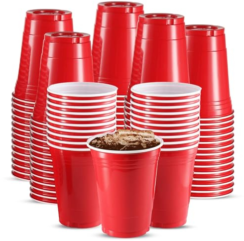CHEF ROYALE 12oz (200 pcs) Red Plastic Cups - Disposable Drinking Cups - Reusable and Recyclable BPA Free Cups - Eco-Friendly Red Cups for Halloween, Christmas, Birthdays, Weddings (200, 12oz)
