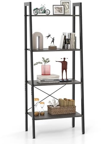 CASART 4/6-Tier Industrial Ladder Bookshelf, Freestanding Metal Frame Storage Rack, Wooden Display Bookcase Organiser Shelves for Living Room Bedroom Office (Dark Grey, 4-Tier: 56 x 32 x 138 cm)