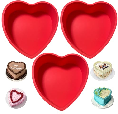 REECAGO Heart Shaped Cake Tin, 3pcs 8 Inch Silicone Love Moulds, Cake Baking Pan Non-Stick Quick Release Suitable Baking Tray for Muffins Puddings Bread
