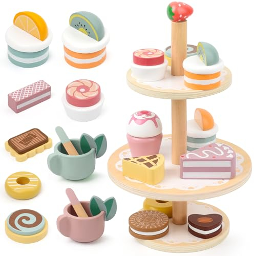 Madrechan Wooden Food Toys , Wooden Tea Set and Cake Stand with Cakes , Wooden Play Food , Role Play Toys for Kids Age 3+