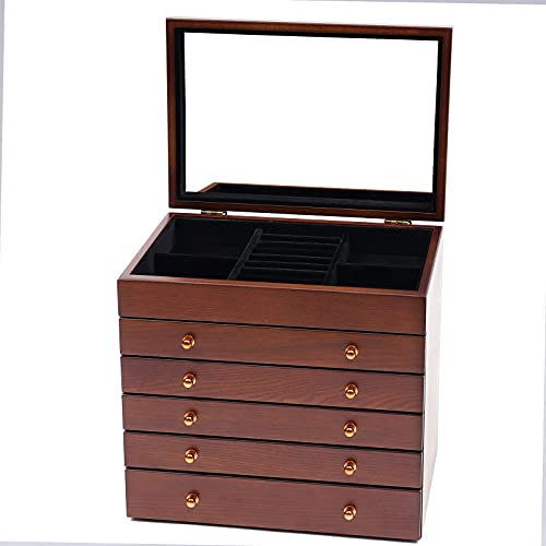 TFIANYNI 6 Lagen Schmuckaufbewahrung Schmuckbox Aus Holz, Rechteckig, Vintage Schmuckkasten Groß Stehend Schmuckschatulle, Für Verschiedene Schmuck, Geschenk (Braun, Mit Spiegel)