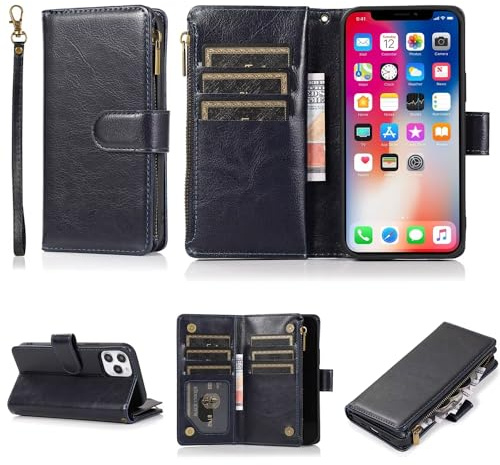 Beajew Handyhülle für Huawei P smart Z/Y9 Prime 2019/Honor 9X Hülle Klappbar Klapphülle Schutzhülle mit Kartenfach RFID Reißverschluss Handy Tasche Leder Flip Case Cover Handytasche- Blau