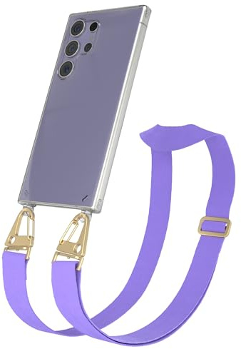 EAZY CASE - Hülle mit Band kompatibel mit Galaxy S24 Ultra Handyhülle mit Umhängeband Silikonhülle Transparent Schutzhülle Handykette zum Umhängen Handykordel Smartphone in Lavendel Lila - Clips Gold