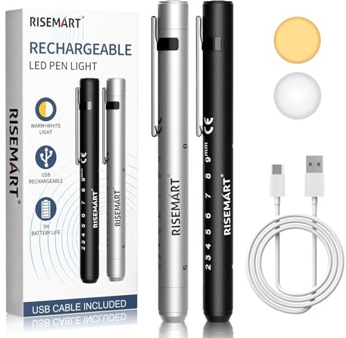 RISEMART Pupillenleuchte Diagnostikleuchte mit Pupillenmessgerät und Lineal,Warmes/Kühles Weiß, Aufladbar USB LED Stiftlampe für Krankenschwester Studentische Ärzte(Schwarz und Silber)
