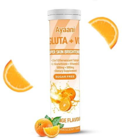Ayaani Glow Supplement - 500mg Glutathione & 500mg Vitamin C - Antioxidant Support and Detoxification - Orange Flavour - 20 Count Vegan Beauty Drink Effervescent Tablets