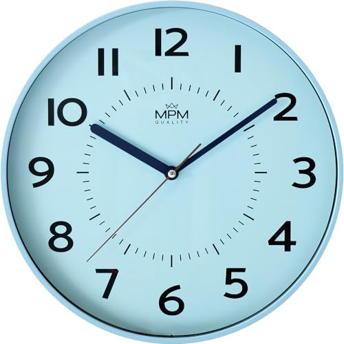 MPM Quality Design Kunstoff Wanduhr, Blau, große arabische Ziffern, Quarz-Uhrwerk, ∅ 320 mm, Modern, Analog Wand Uhr, Wanddeko, Dekoration für Wohnzimmer, Küche, Büro, Schlafzimmer
