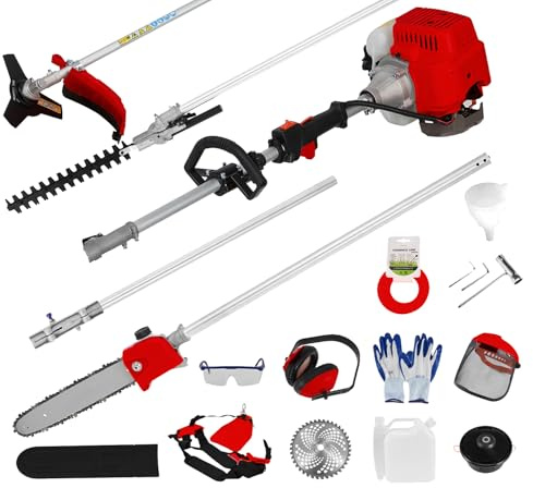 Gas Power Heckenschere, 52CC Multifunktionaler Benzin Unkrautvernichter Gas-Saitentrimmer/Kantenschneider Rucksack Stangensäge Trimmer Freischneider Unkrautfresser Gasbetriebener Rasentrimmer Rot (Rot