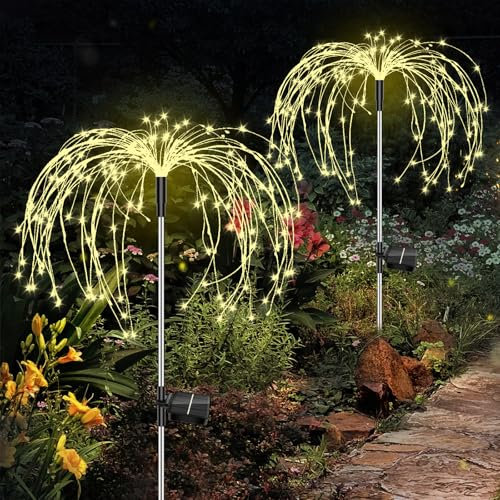 Solar Feuerwerk Gartenlichter, Solar Gartenleuchte Außen 2 Stück 150 LED Solarleuchten Garten Deko Wasserdicht, 8 Modi Solarlampen Warmweiß Solarstecker für Hinterhof Weg Rasen Terrasse Balkon