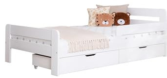 TiCAA Einzelbett Kinderbett Jugendbett, Bennet mit Schubkasten Rausfallschutz für Schlafzimmer, Kinderzimmer Kiefer Massivholz Bettgestell 90/120 x 200 cm