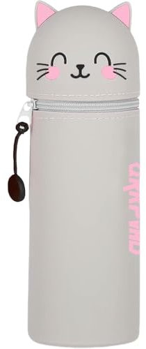 QRKPVHD Kawaii Federmäppchen, mäppchen, 2-in-1 Weiche Silikontasche, Federmäppchen, Stand Up Federmäppchen, Tier Stifthalter, Stifthalter Bleistifttasche Mädchen Junge (Graue Katze)