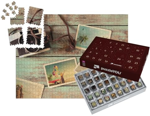 puzzleYOU: Puzzle-Adventskalender | „Nostalgische Urlaubs-Erinnerungen: Vintage-Kamera und Fotos“ – aus der Puzzle-Kollektion Nostalgie