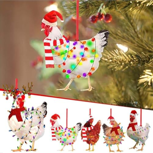 2024 Cute Cartoon Rooster Hanging Pendant, Acrylic Chick Ornament for Car Interior, Christmas Chicken Decorations Christmas Tree Decorations for Home Family (5PC)