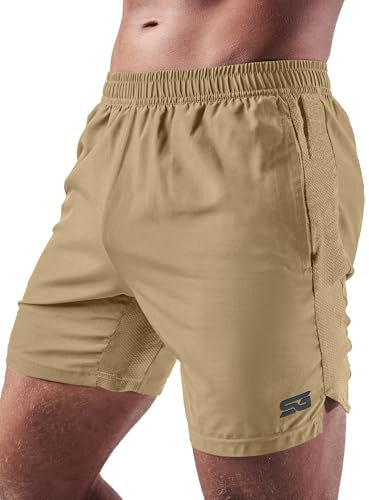 Satire Gym - Sporthose Herren kurz mit Taschen - Sport Shorts Männer als Laufhose Gymshorts (Running, Bodybuilding, Fitness Sand, M)