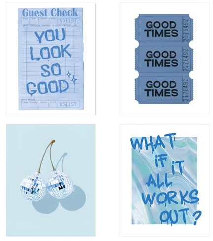 LECTNORE Blaue Wandkunst, 4-teilige Wanddekoration, Kunst, Coquette-Raumdekoration, Preppy-Raumdekoration, Textposter für Raumdekoration (4 Modelle, 20 x 25 cm, ungerahmt)