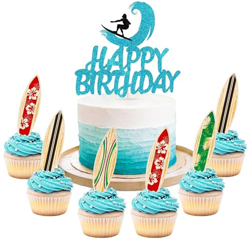21PCS Surfboard Summer Beach Surf Birthday Cake Cupcake Muffin Decor Topper | Swimming Beach Party Luau Birthday Baby Shower Party Supplies