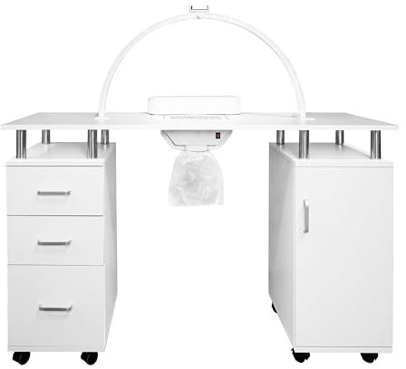 Professional Manicure Table & LED Half Moon Lamp 29.5In Nail Beauty Salon Dust Collector Removable Cushion Wheels Pull Out Drawers 1 Cupboard 2 Shelves 3 Colour Dimmable Temperature Light Phone Holder