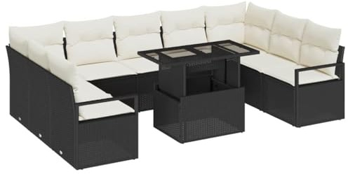 vidaXL Garten-Sofa-Set mit Kissen 10 pcs Schwarz und Creme, Moderne Garten- und Terrassen-Sofa-Garnitur, wetterfestes Material, abnehmbare Kissen, für die Entspannung draußen