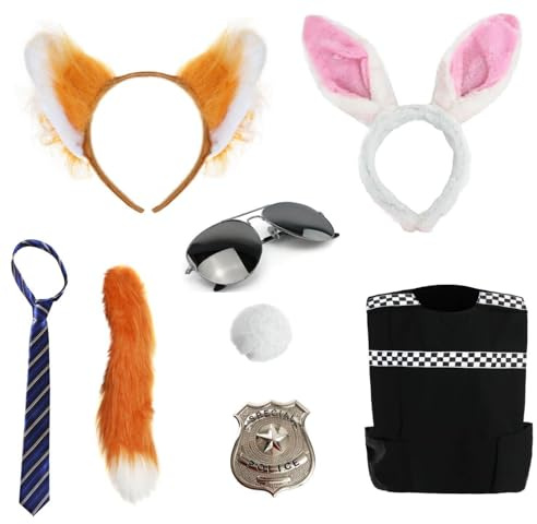 Kids Animal City Couples Costume - X-Large - Police Vest, Police Badge, Bunny Ears and Tail, Fox Ears and Tail, Blue & Beige Striped Tie - Childs TV Film Fancy Dress Costume Set