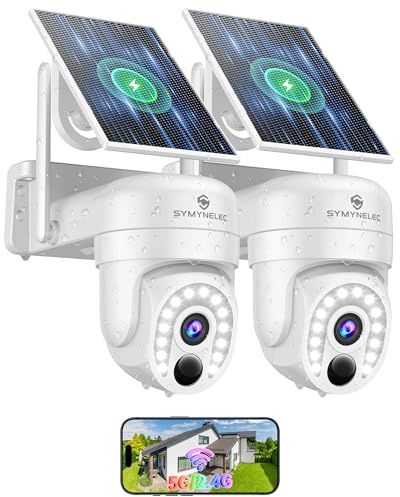 SYMYNELEC Camera Surveillance WiFi Exterieure sans Fil Solaire, 5GHz/2,4GHz Caméra WiFi 2K 360° avec Panneau Solaire, Vision Nocturne Couleur, AI Détection Humaine, Sirène, Compatible Alexa, 2PCS