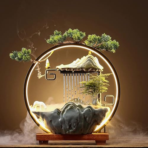 Fontaine d'intérieur de table - Cascade avec brumisateur LED - Fontaine japonaise for la méditation - Inclut un diffuseur d'encens et des plantes artificielles - Décoration Feng Shui