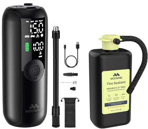 Woowind LP1 Kit Riparazione Pneumatici Emergenza - Compressore Aria Portatile 150PSI/10,3 BAR con Sigillante Forature Istantaneo 450ml, Gonfia e Ripara Gomme Auto, Moto, Bicicletta, SUV