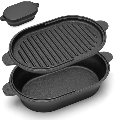 2in1 Gusseisen Topf Dutch Oven 2L, Oval 28cm Gusseisen Topf Brot Backen, 2L vorgebrannt für Brotbacken, Schmoren, Induktion, Ofenfester Schmortopf mit Deckel