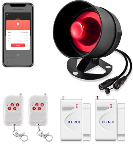 KERUI WIFI Home Shop Security Shed Alarm Garage Alarm System Kit, Wireless Weatherproof Siren Horn with Remote Control Door Contact Sensor,Motion Sensor, Compatible with Alexa Google Home