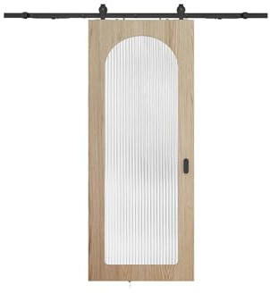 Vente-unique - Puerta corredera con sistema de aplique de madera y MDF - arco natural claro y cristal templado estriado - 205 x 63 cm - ODEZA