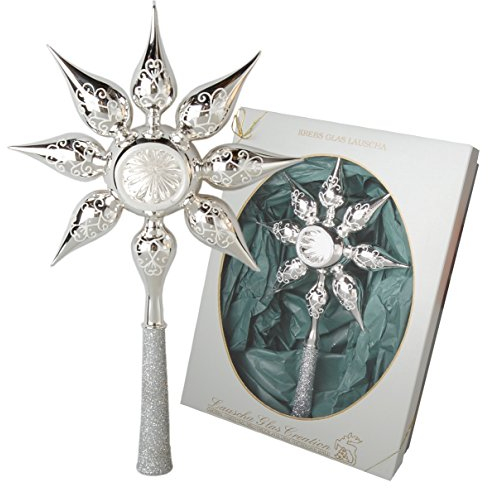 Krebs Glas Lauscha - Weihnachtsdekoration/Christbaumschmuck aus Glas - Reflex Weihnachtsbaumspitze Stern - Farbe: Silber - Größe: ca. 30 cm - Made in Germany