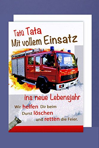 Feuerwehr Geburtstag Karte Grußkarte Löschzug Retter Foliendruck 16x11cm