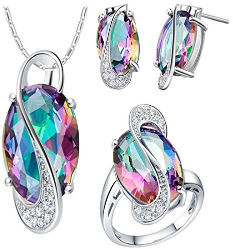Uloveido Platin beschichtet Oval Rainbow Farbe Anhänger Halskette Ring und Ohrringe Schmuck-Set für Hochzeitstag Geburtstag Frauen Geschenk T472