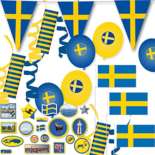 121-teiliges Deko-Set * SCHWEDEN - BLAU-GELB * für eine tolle Länder-Party mit Wimpelkette + 10 Fähnchen + 54 Luftschlangen + 57 Tisch-Konfetti + 8 Luftballons // Skandinavien Mottoparty Geburtstag