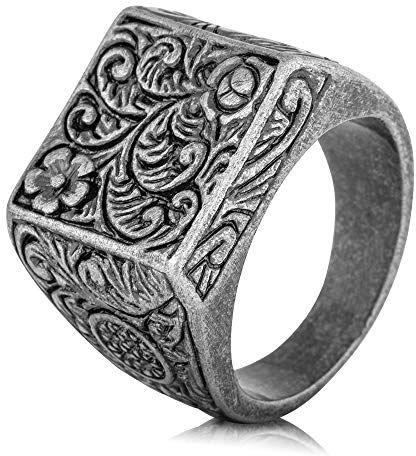 Akitsune Floris Ring | Design-Ring Frauen Herren Edelstahl Groß Floral Blumen Ornament Siegel - Antik Silber - US 11