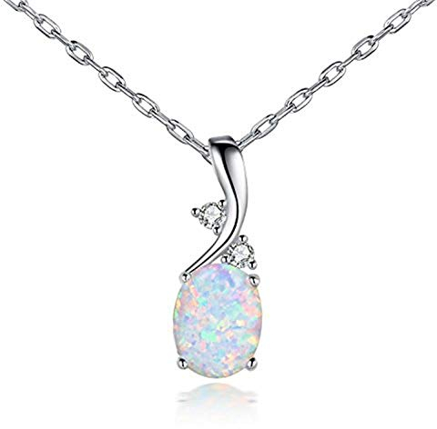 AILUOR Vintage Opal Anhänger Halskette, versilbert erstellt Edelstein Oval Weiß Opal Geburtsstein Modeschmuck für Frauen Mutter Mädchen - Endlose Liebe (Silber)