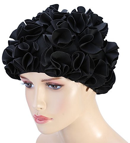Cuffie Mare Donna Vintage,Nuoto Nuoto Elli Lunghi Donna Adulto Bambini Retro Petali Floreali Pelli Di Nuoto Moda Elli Lunghi Elastici Cuffia Da Bagno(Nero)