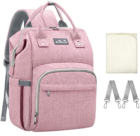 Viedouce Baby Wickelrucksack Wickeltasche Babytasche,Wasserdicht Oxford Große Kapazität für ausgehen,Multifunktional zum Rucksack mit 1 Stück Wickelauflage und 2 Kinderwagengurten (Rosa)