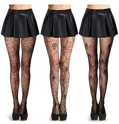 Abberrki Damen-Halloween-Strümpfe, Totenkopf-Netzstrumpfhose, Spinnennetz, Fischnetz, Schwarz, 3 Paar, Einheitsgre